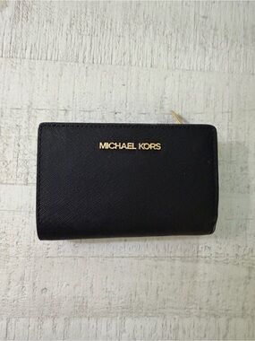 Michael Kors Black Leather Compact Zip Wallet with Gold Logo